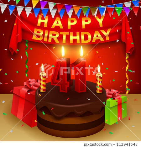 Happy 41th Birthday with Chocolate Cream Cake and Triangular Flag, Vector Illustration Happy 41th Birthday with Chocolate Cream Cake and Triangular Flag, Vector Illustration 112941545