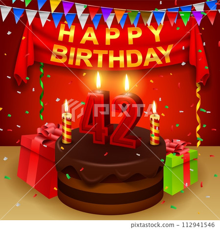 Happy 42th Birthday with Chocolate Cream Cake and Triangular Flag, Vector Illustration Happy 42th Birthday with Chocolate Cream Cake and Triangular Flag, Vector Illustration 112941546