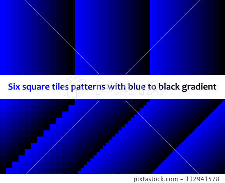 Blue to black in square tiles, seamless vector pattern, monochromatic, collection of six 112941578