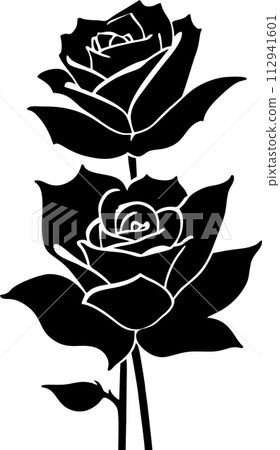 black graphic drawing of a rose flower with leaves, monochrome, decorative element black graphic drawing of a rose flower with leaves, monochrome, decorative element 112941601