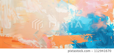 AI-generated content. Abstract painting banner with dynamic sweeps of peach, blue, and white, perfect for modern art decoration, creative backgrounds, and expressive design elements in various media. 112941670