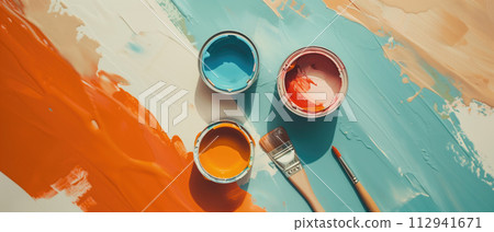AI-generated content. Open paint cans with bright colors on an artistic background with brush strokes, suited for illustrating creative process in art, DIY tutorials, and interior design concepts. 112941671