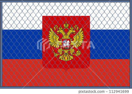 Vector illustration of the flag and coat of arms of Russia under the lattice. Concept of isolationism Vector illustration of the flag and coat of arms of Russia under the lattice. Concept of isolationism 112941699