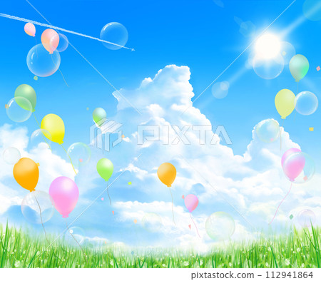 Fresh green frame background material of balloons and soap bubbles flying in the blue sky with clouds where sunlight shines through Fresh green frame background material of balloons and soap bubbles flying in the blue sky with clouds where sunlight shines through 112941864