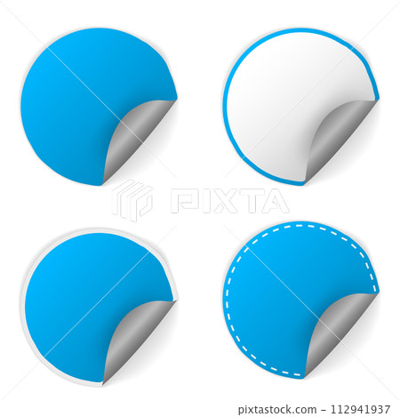 Blank Blue Round Stickers With Curl Sets, Vector Illustration 112941937