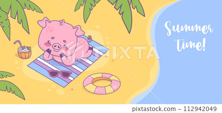 Cute pig beachgoer relaxing and sunbathing on seashore under palm leaves. Summer time horizontal poster. Happy funny beach holiday animal character. Vector illustration. 112942049