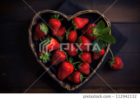 Wicker basket in shape of heartis filled to brim with luscious red strawberries, resting on wooden table. Glossy fruits are ripe and ready to be enjoyed, their vibrant color adding pop of freshness 112942132