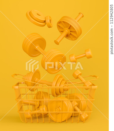Sport equipment for fitness, gym in shopping basket on monochrome 112942805
