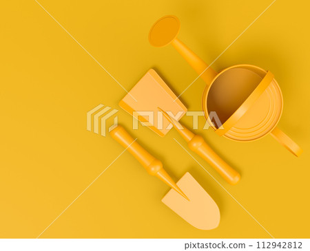 Watering can with garden tools like shovel, rake and fork on monochrome Watering can with garden tools like shovel, rake and fork on monochrome 112942812