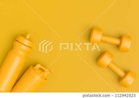 Isometric view of sport equipment like water battle, dumbbell and yoga mat Isometric view of sport equipment like water battle, dumbbell and yoga mat 112942823