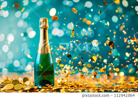 Bottle of champagne surrounded by golden coins and confetti with bokeh background. Celebration concept 112942864