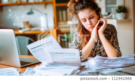 Close up of woman working on a tablet computer. He filling out tax forms 112942866