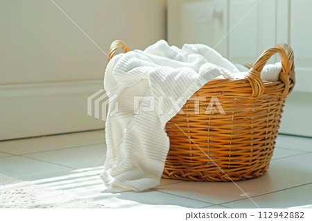 Stack of clean towels in laundry wicker basket bathroom. The towels showcasing their soft and fluffy after laundry 112942882