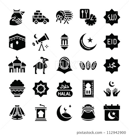 Ramadan icons bundle. Glyph icon style. Vector illustration. Ramadan icons bundle. Glyph icon style. Vector illustration. 112942900