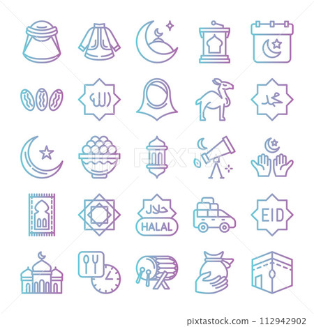 Ramadan icons bundle. Gradient outline icon style. Vector illustration. Ramadan icons bundle. Gradient outline icon style. Vector illustration. 112942902
