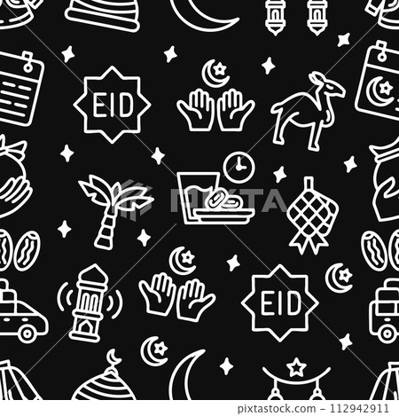 Seamless pattern of Eid al-Fitr on a black background. Hand-drawn vector illustration. Seamless pattern of Eid al-Fitr on a black background. Hand-drawn vector illustration. 112942911
