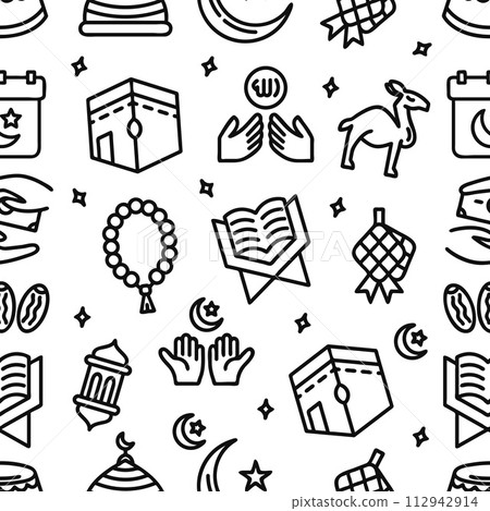 Seamless pattern of Ramadan background. Line hand-drawn vector illustration. Seamless pattern of Ramadan background. Line hand-drawn vector illustration. 112942914