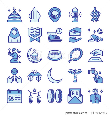 Ramadan icons bundle. Blue color outline icon style. 112942917