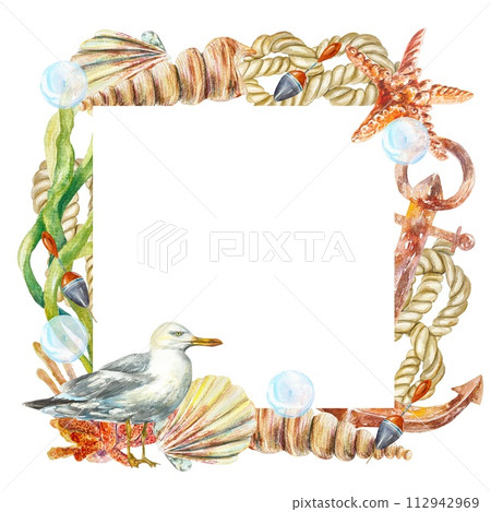 Marine frame, watercolor. Seashells, seagull, algae, starfish, anchor on a white background. Hand drawn illustration for cards, invitations, banners. Marine frame, watercolor. Seashells, seagull, algae, starfish, anchor on a white background. Hand drawn illustration for cards, invitations, banners. 112942969