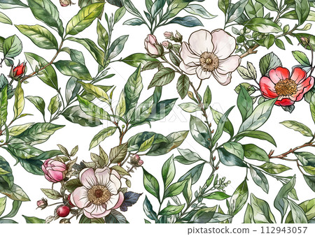 Green tea branch with leaves and wild rose flowers and berries. 112943057