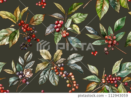 Coffee tree. Branch with leaves and berries. Coffee tree. Branch with leaves and berries. 112943059