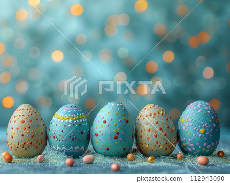 AI-generated content. Blue Painted Colorful Easter Eggs on Blue Pastel Background. Happy Easter Background. AI-generated content. Blue Painted Colorful Easter Eggs on Blue Pastel Background. Happy Easter Background. 112943090