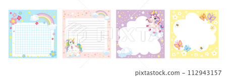 Notes pages with cute unicorns vector set 112943157