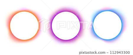 Set of blurry round frames. Collection of circle shapes with colorful neon gradient borders isolated on white background. Abstract design elements with empty space. Vector illustration 112943300