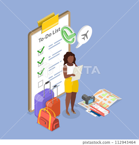 3D Isometric Flat Vector Illustration of Packing List, Travel Checklist 112943464