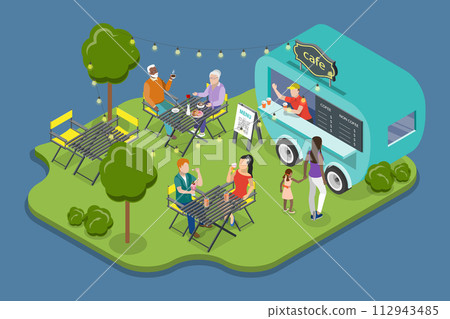 3D Isometric Flat Vector Illustration of Street Food Restaurant, Summer Public Entertainment Party 3D Isometric Flat Vector Illustration of Street Food Restaurant, Summer Public Entertainment Party 112943485