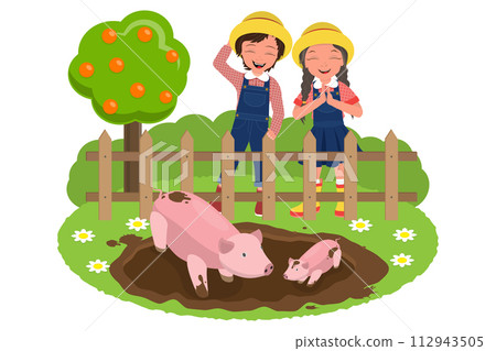 Flat Vector Illustration of Happy Little Farmers, Kids Working in Farm Flat Vector Illustration of Happy Little Farmers, Kids Working in Farm 112943505