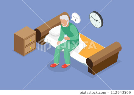 3D Isometric Flat Vector Illustration of Insomnia, Old Person Suffering from Sleeplessness 3D Isometric Flat Vector Illustration of Insomnia, Old Person Suffering from Sleeplessness 112943509