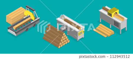 3D Isometric Flat Vector Illustration of Sawmill, Furniture Making Tools and Processes 112943512