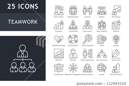 Minimal Teamwork in business management icon set. Support, communication, group, partnership, organization, together outline icons collection. Minimal Teamwork in business management icon set. Support, communication, group, partnership, organization, together outline icons collection. 112943524