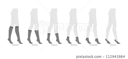 Set of stocking hosiery low cut, ankle, mid calf, over knee high length hose. Fashion accessory clothing technical 112943864