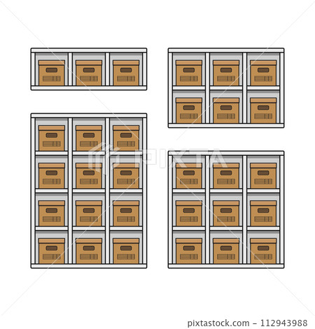 white wooden shelf bookcase storage with boxes home furniture vector flat illustration 112943988