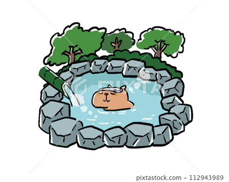 Hand-drawn style illustration of a capybara taking an open-air bath in the mountain 112943989