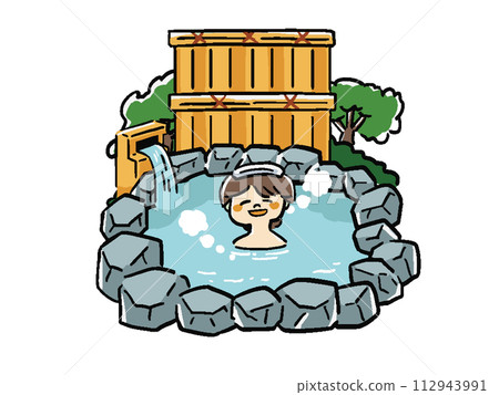Hand-drawn style illustration of a woman taking an open-air bath 112943991