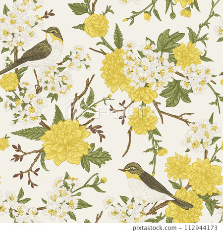 Seamless beautiful pattern in full bloom with birds. Yellow Kerria japonica and white cherry flowers. Willow warblers. Spring garden. Vintage style. Colorful. 112944173