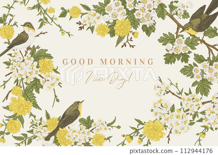 Frame with flowers and birds. Blooming branches of garden trees. Cherry, hawthorn and Japanese kerria. Spring background. Colorful Frame with flowers and birds. Blooming branches of garden trees. Cherry, hawthorn and Japanese kerria. Spring background. Colorful 112944176