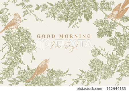 Invitation card with three birds and blooming spring branches of garden trees. Cherry, hawthorn and Japanese kerria. Engraving style. Gold and green. 112944183