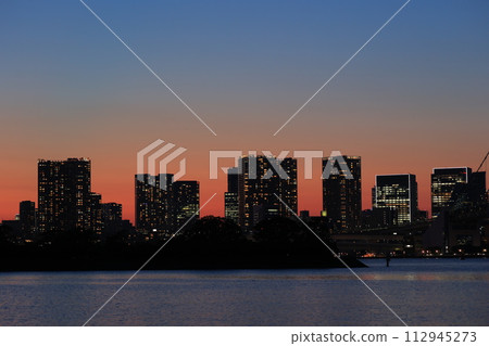 Cityscape at dusk with Rainbow Bridge visible 112945273