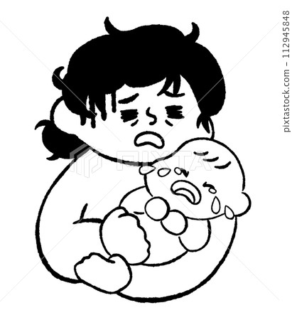 Mother worried about crying baby Hand-drawn illustration material Line drawing Mother worried about crying baby Hand-drawn illustration material Line drawing 112945848