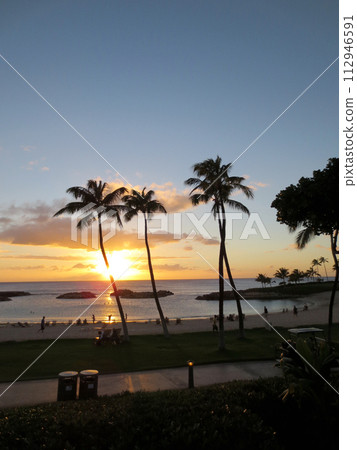 Sunsets on Ko Olina lagoon between coconut trees over the pacific ocean as people admire view 112946591