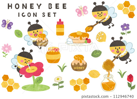 Cute bee and honey illustration icon set Cute bee and honey illustration icon set 112946740