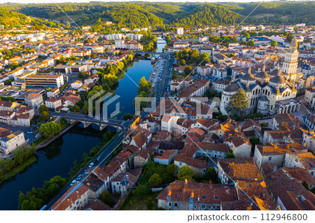 Flight over the evening city of Perigueux at sunset Flight over the evening city of Perigueux at sunset 112946800