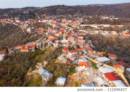 Aerial view of Sighnaghi town on hillside in springtime Aerial view of Sighnaghi town on hillside in springtime 112946857