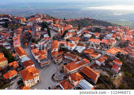 Aerial view of the small tourist town of Sighnaghi Aerial view of the small tourist town of Sighnaghi 112946871