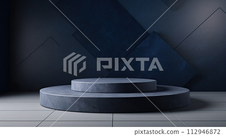 Exhibition podium for a variety of goods in Ashen and Navy blue colors against a minimalistic background Exhibition podium for a variety of goods in Ashen and Navy blue colors against a minimalistic background 112946872