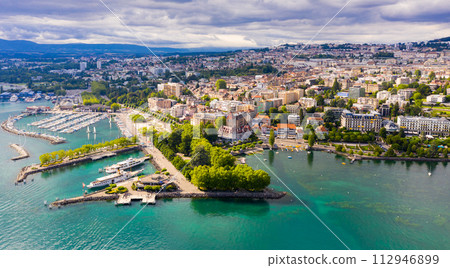 Lausanne city on shore of Lake Geneva, Switzerland 112946899